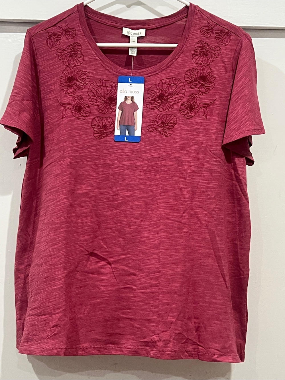 Ella Moss Rose-Pink Floral Embroidered Short Sleeve Tee